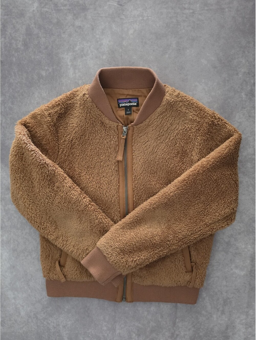 SKU0328 Patagonia Womens Small Brown Sherpa Fleece Full Zip Bomber Jacket Cozy